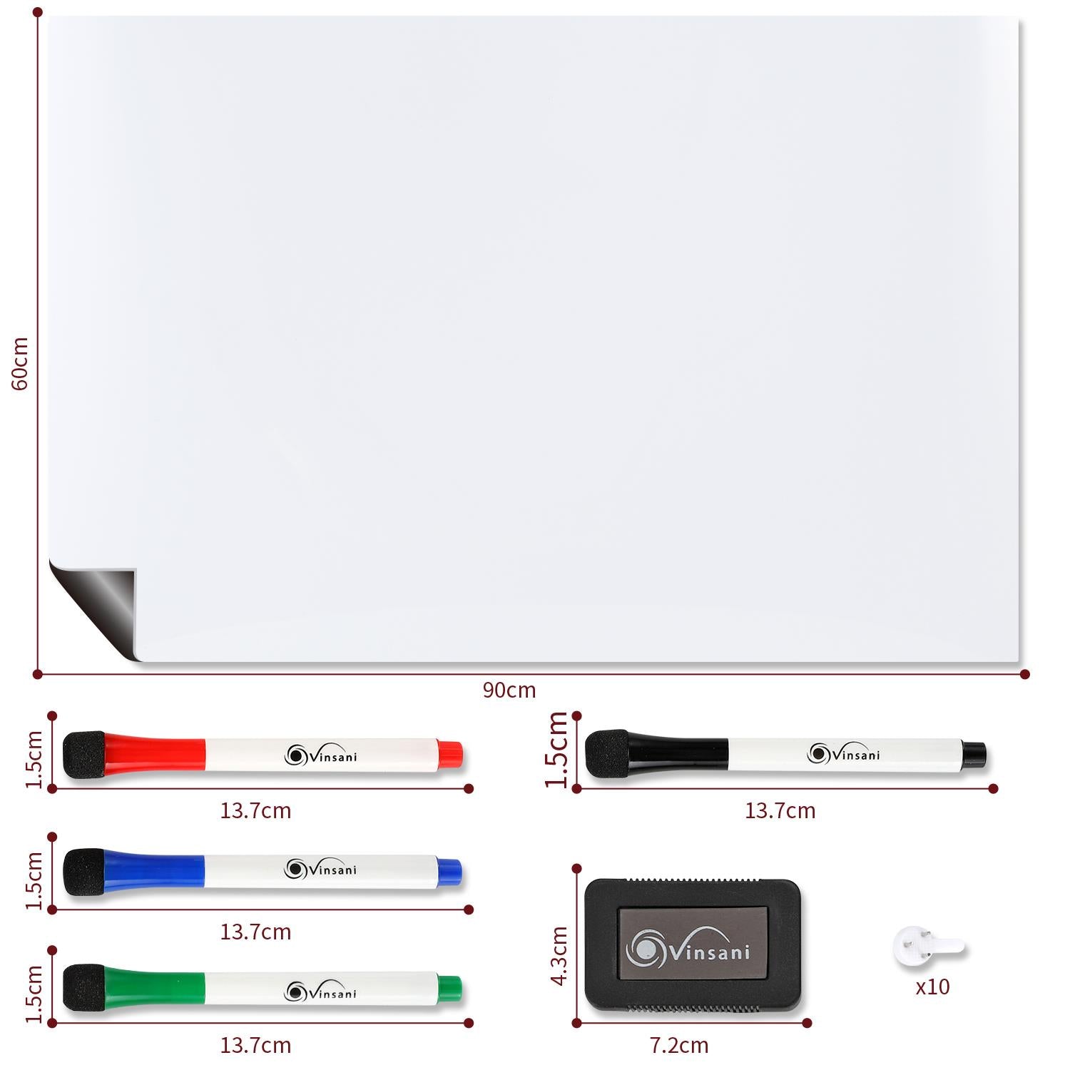 Vinsani Magnetic Whiteboard 60x90cm with multifunctional planner, pens, and eraser on a clean wall background.