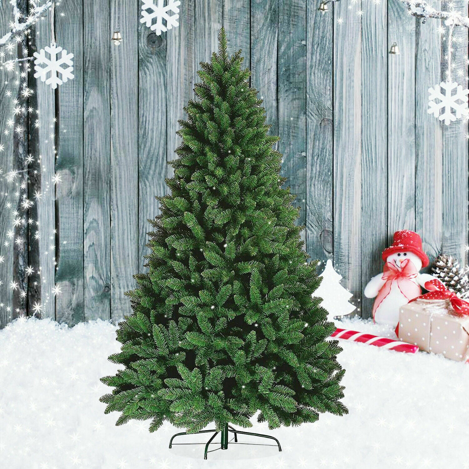 5ft artificial Christmas tree in traditional pine design, lush green foliage, perfect for holiday home decor.