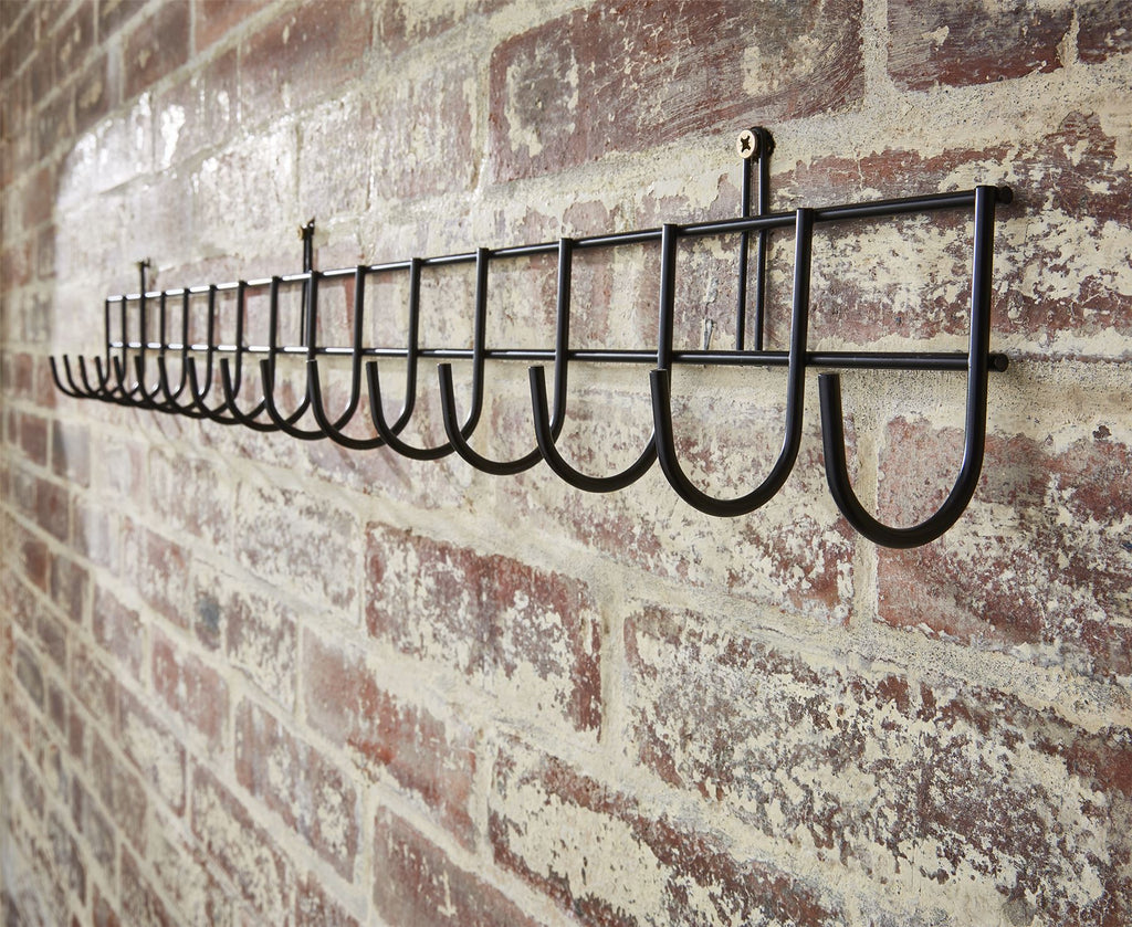 Extra-long HomeCraft tool rack with 16 hooks and black powder coating, measuring 102cm for efficient organization.