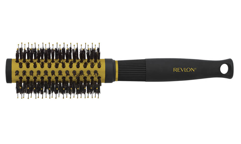 Revlon Ionic Ceramic Curls & Flips round barrel brush with nano anti-bacterial technology for styling hair.