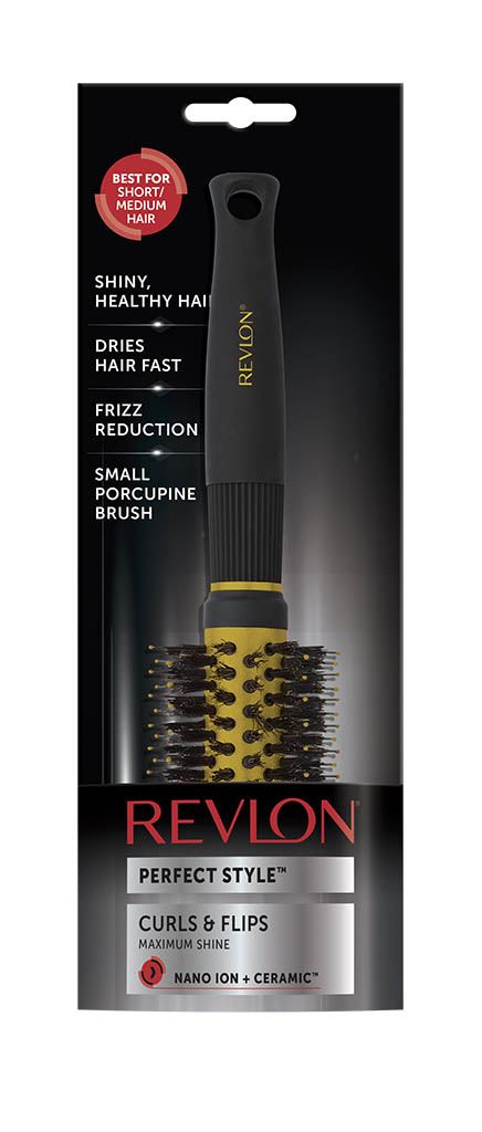 Revlon GlowCare Ionic Ceramic round barrel brush for curls and flips with nano anti-bacterial technology.