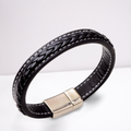 Men's Faux Black Leather Bracelet - Magnetic Clasp - White Stitching