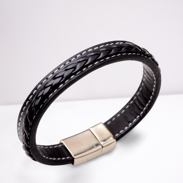 Men's Faux Black Leather Bracelet - Magnetic Clasp - White Stitching