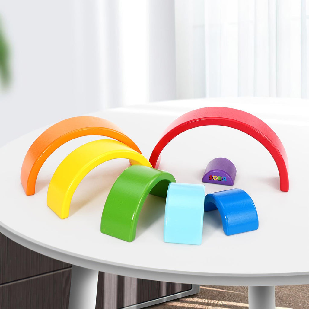 Colorful SOKA Rainbow Stacker with 7 pieces, designed for imaginative play and learning in a vibrant design.