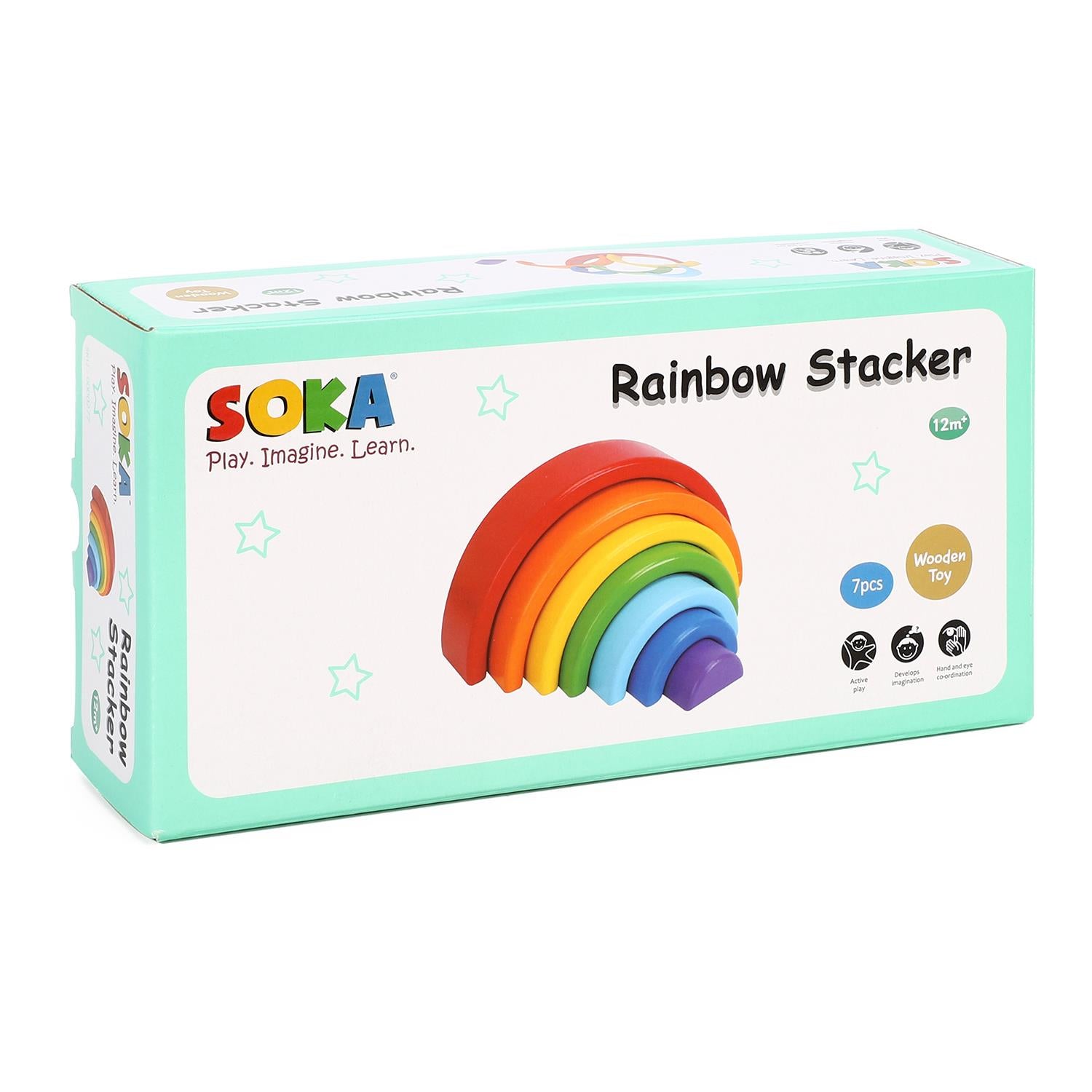 Colorful SOKA Rainbow Stacker set with 7 pieces, showcasing vibrant arches for imaginative play and learning.