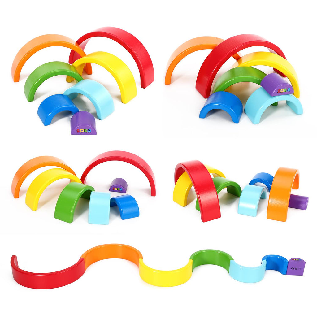 Colorful SOKA Rainbow Stacker set with 7 interlocking pieces for imaginative play and learning activities.