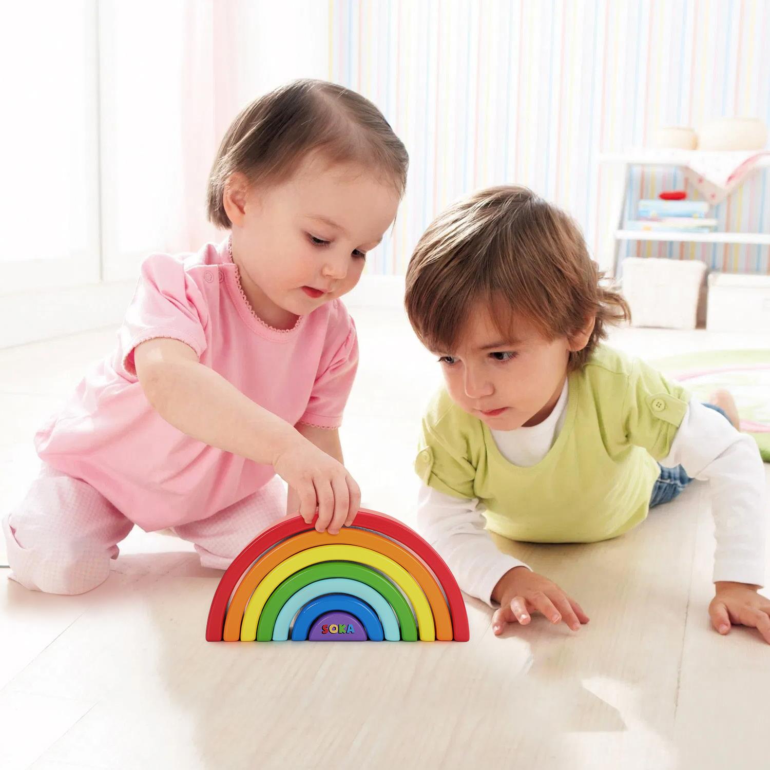 SOKA Rainbow Stacker 7pcs set in vibrant colors, featuring interlocking rings for imaginative play and learning.