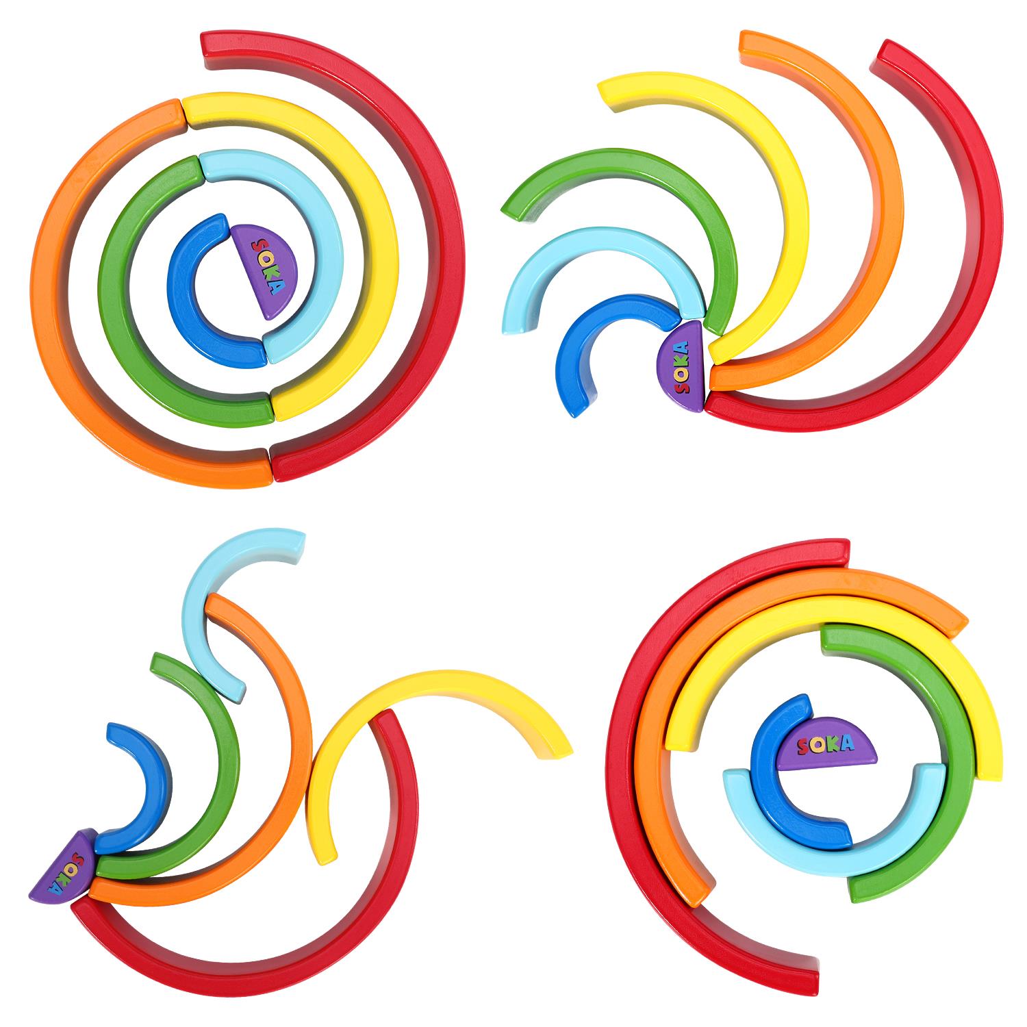 Colorful SOKA Rainbow Stacker set with 7 pieces arranged in a playful design, perfect for imaginative learning and fun.