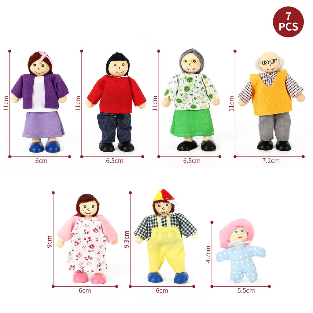 Wooden Happy Family Doll Set by SOKA Play Imagine Learn with 7 flexible-arm dolls in various poses.