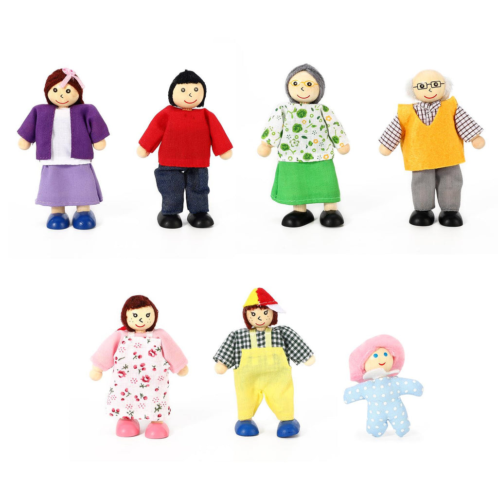 Wooden Happy Family Doll Set by SOKA Play Imagine Learn featuring 7 flexible-arm dolls in vibrant colors.