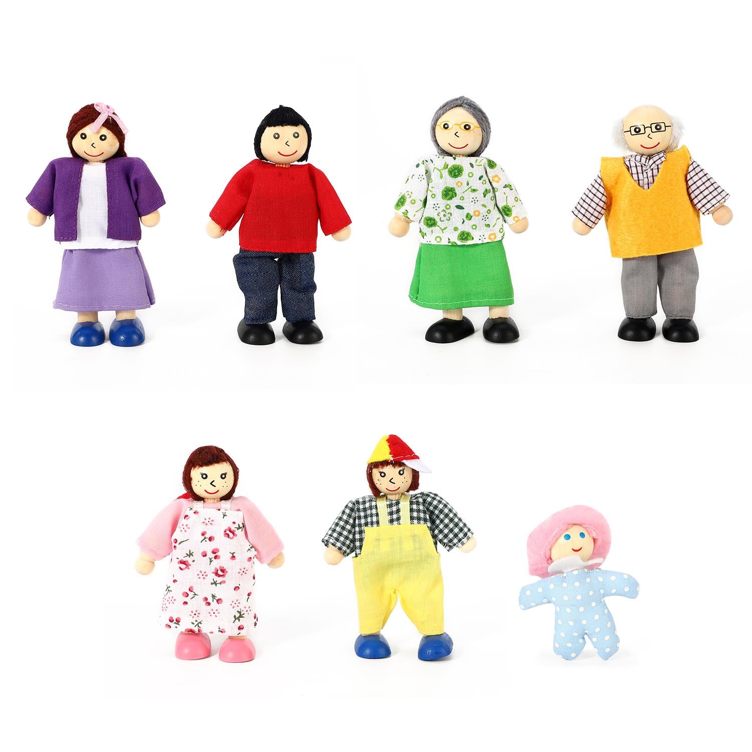 Wooden Happy Family Doll Set by SOKA Play Imagine Learn featuring 7 flexible-arm dolls in vibrant colors.