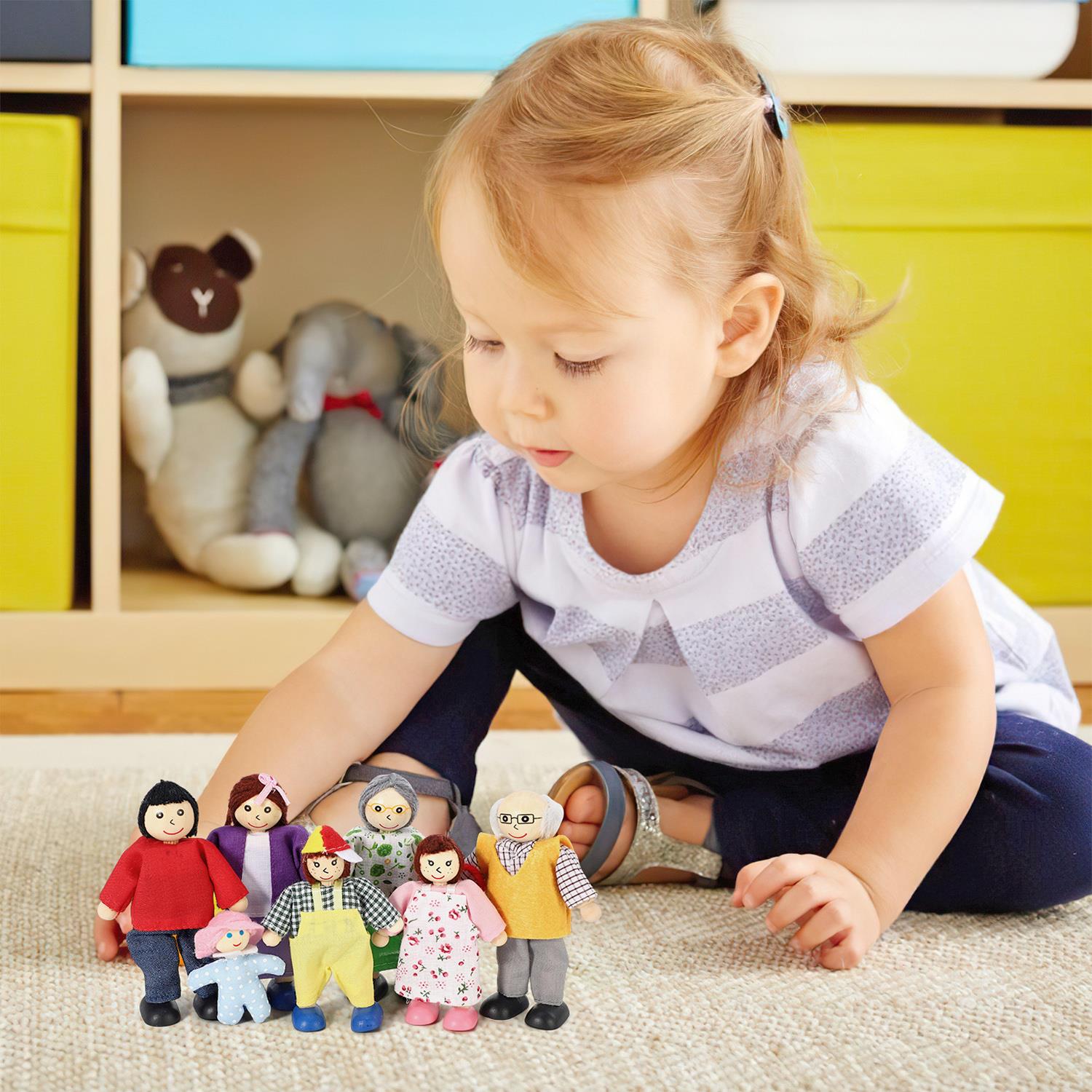 Wooden Happy Family Doll Set by SOKA, featuring 7 flexible-arm dolls in colorful outfits, ideal for imaginative play.