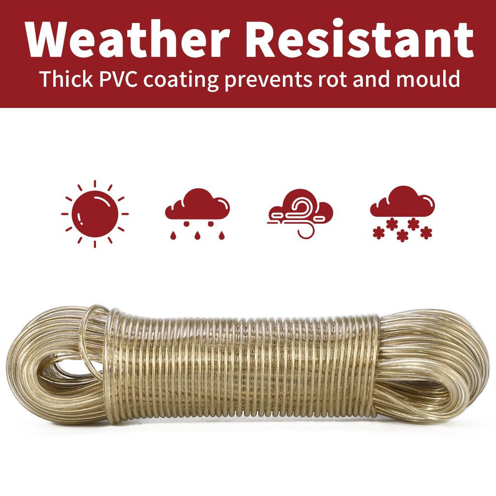 50m Vinsani washing line rope with steel core and PVC coating, showcasing strong 200kg capacity for outdoor use.