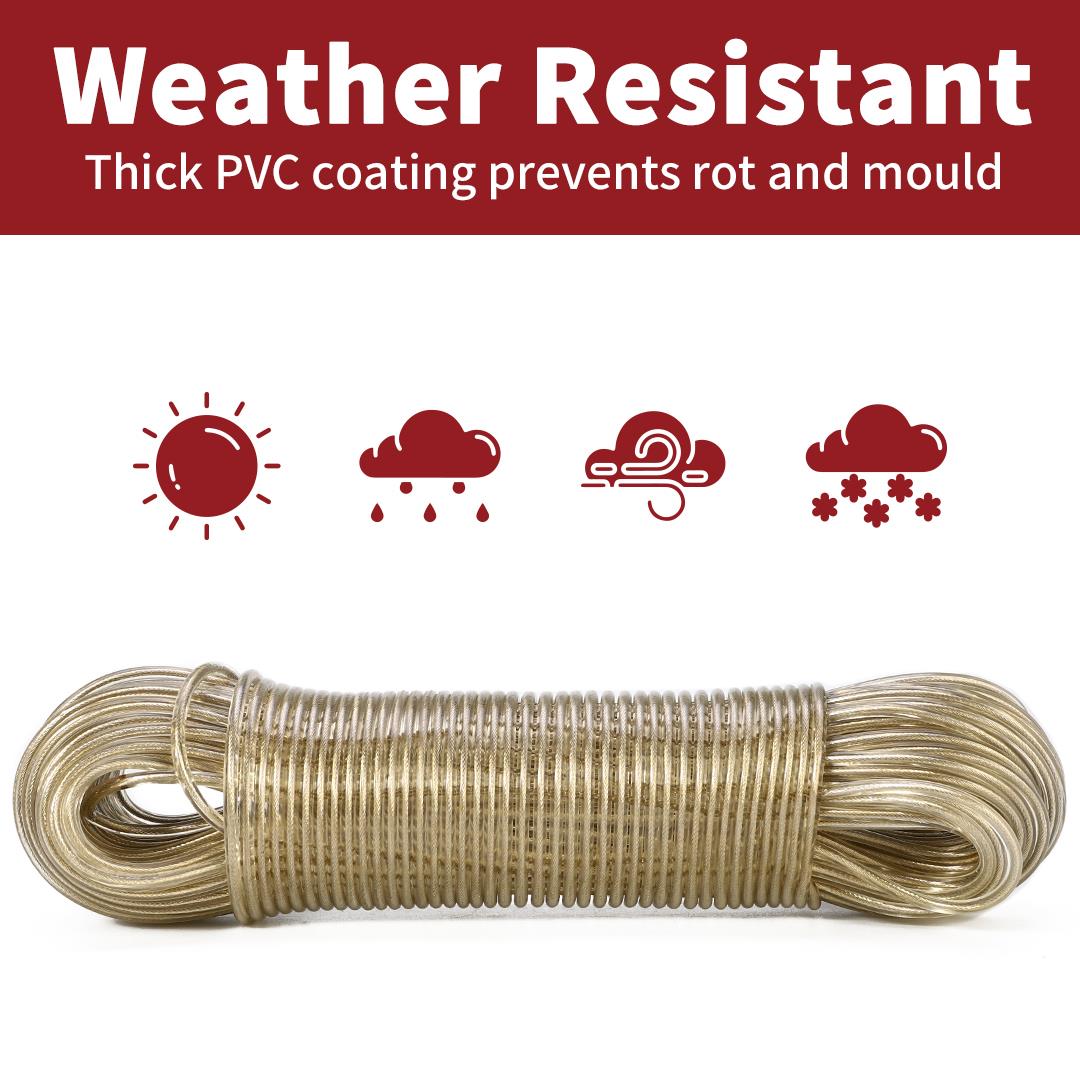 50m Vinsani washing line rope with steel core and PVC coating, showcasing strong 200kg capacity for outdoor use.