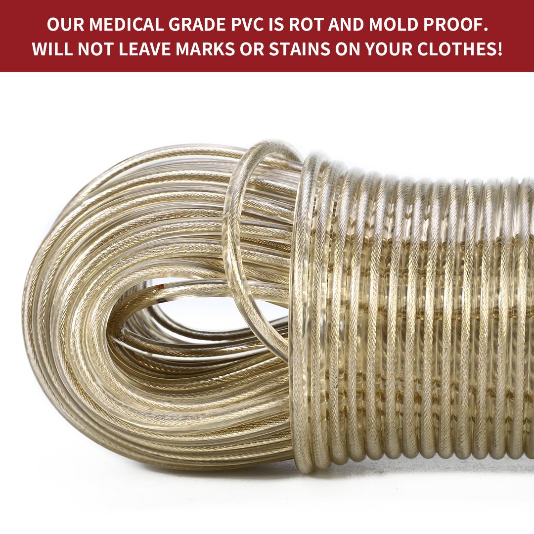 50m Vinsani washing line rope with steel core and PVC coating, showcasing its durable design and 200kg capacity.