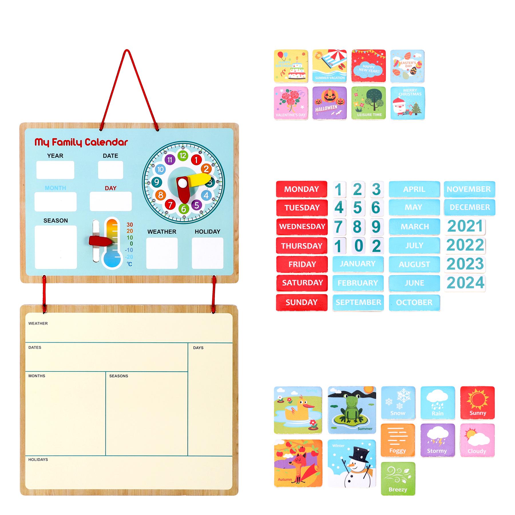 Wooden wall-mount family calendar with multiple dials by SOKA Play Imagine Learn, featuring an educational design.