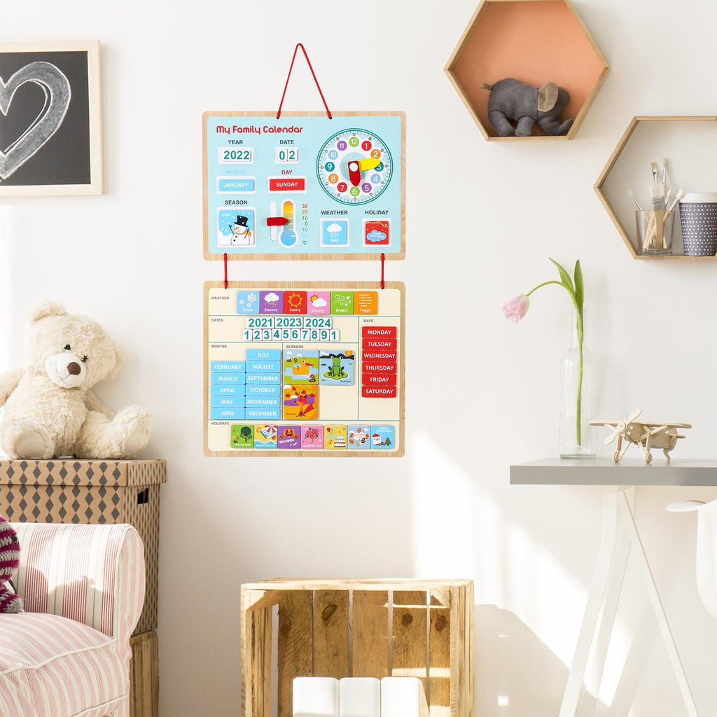 Wooden wall-mounted My Family Calendar with multiple dials from SOKA Play Imagine Learn, showcasing educational design.