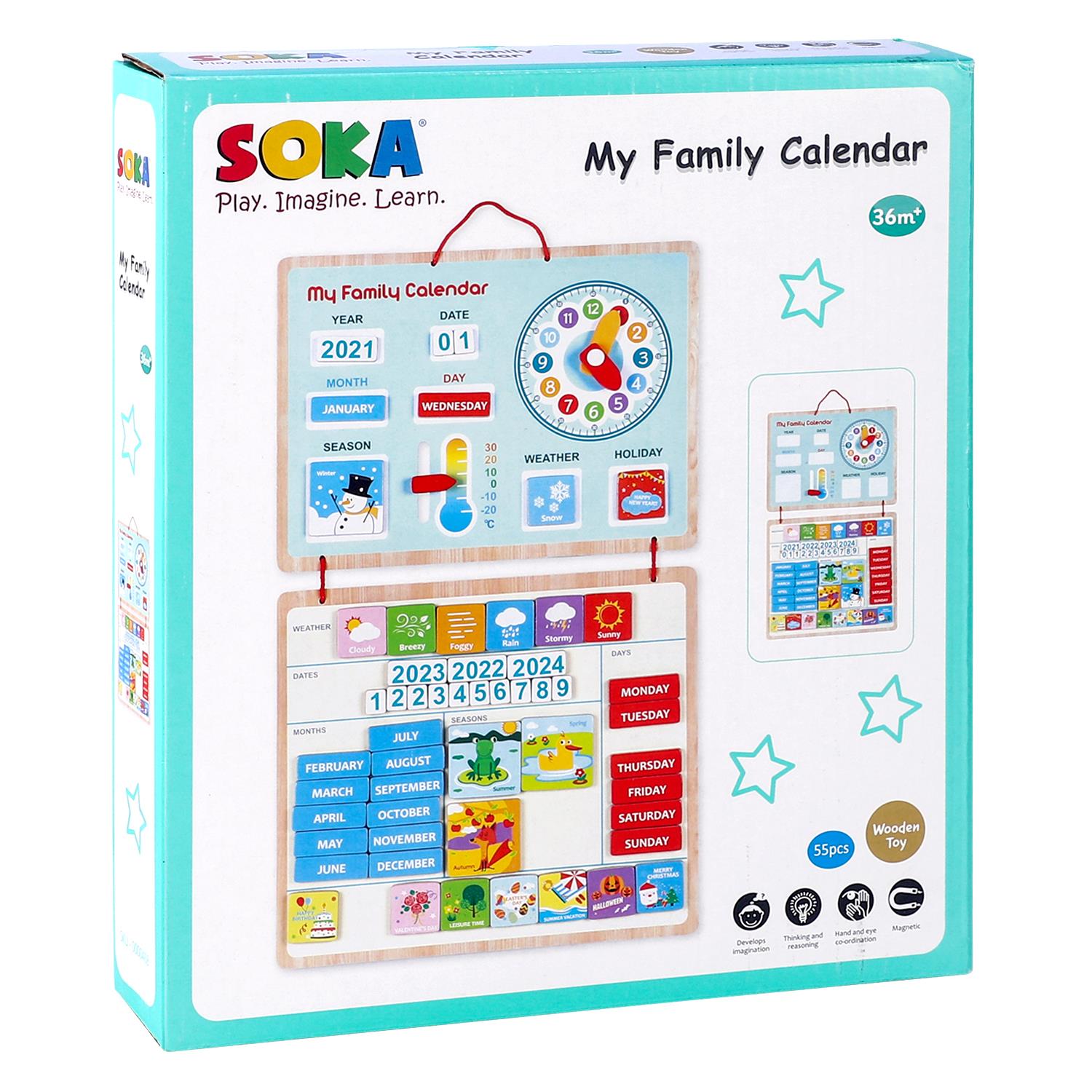 Wooden wall-mounted family calendar with multiple dials for educational use by SOKA Play Imagine Learn.