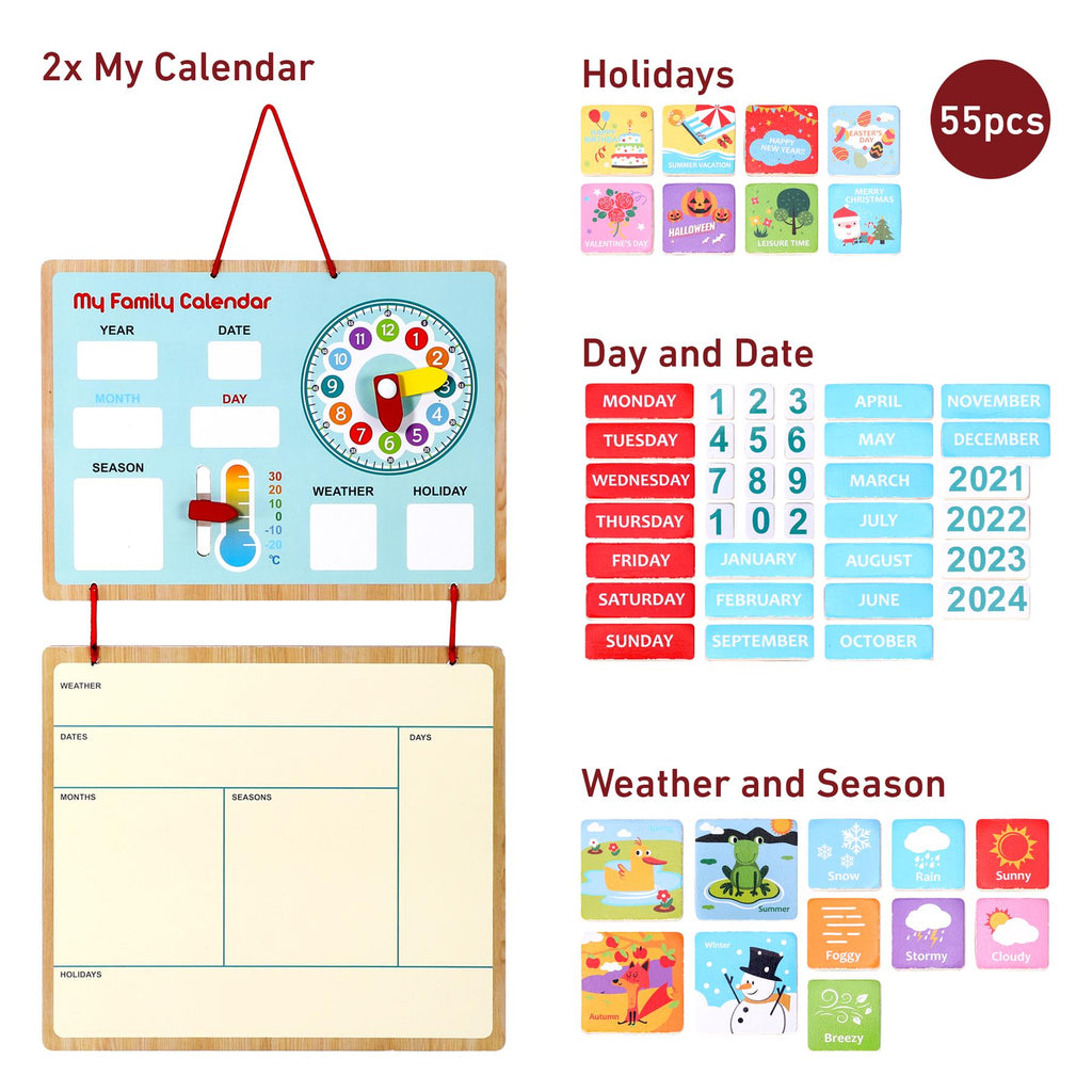Wooden wall-mounted My Family Calendar by SOKA Play Imagine Learn with multiple dials for educational use.