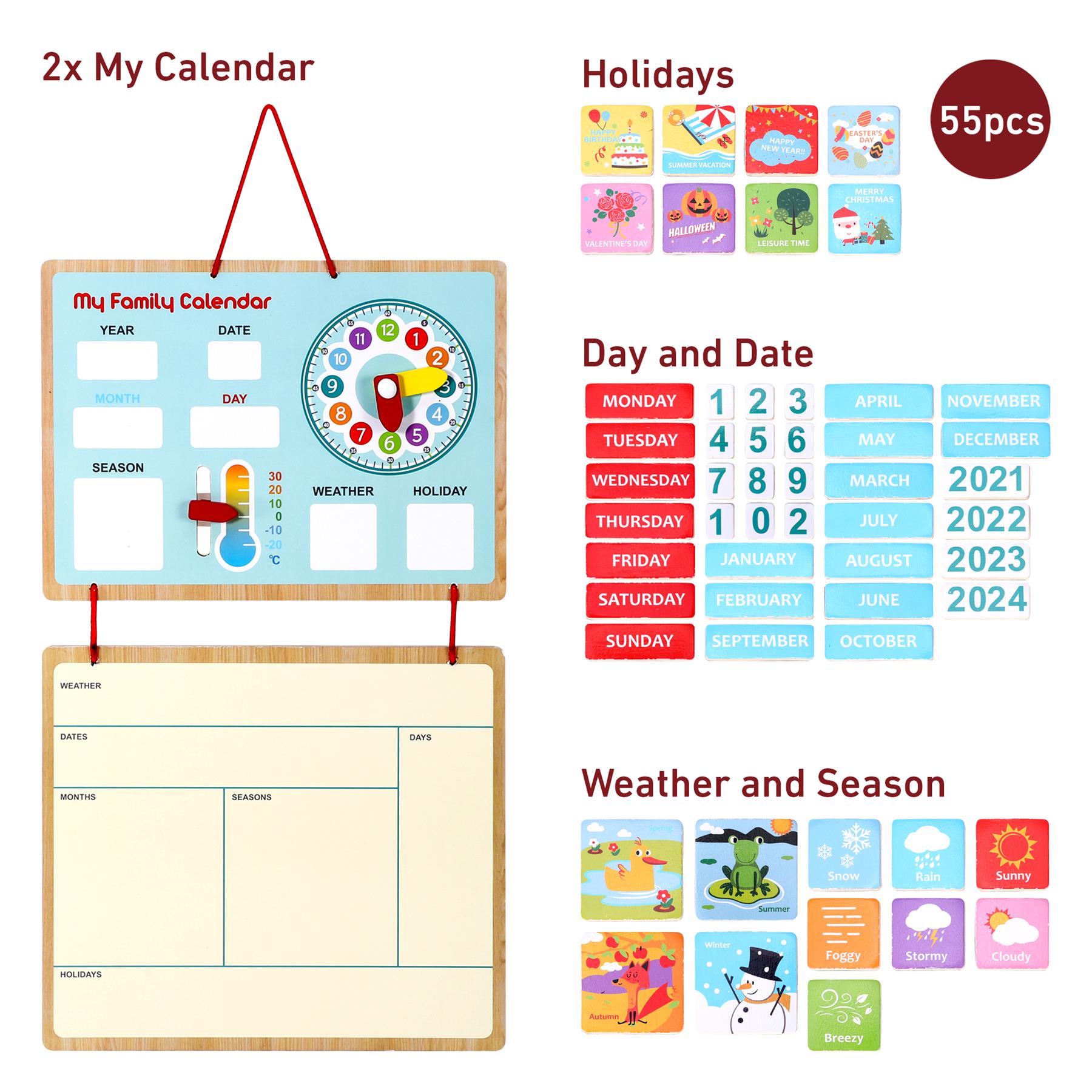 Wooden wall-mounted My Family Calendar by SOKA Play Imagine Learn with multiple dials for educational use.