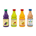 Wooden beverage set from SOKA Play Imagine Learn featuring 4 colorful drink bottles for kids' kitchen pretend play.