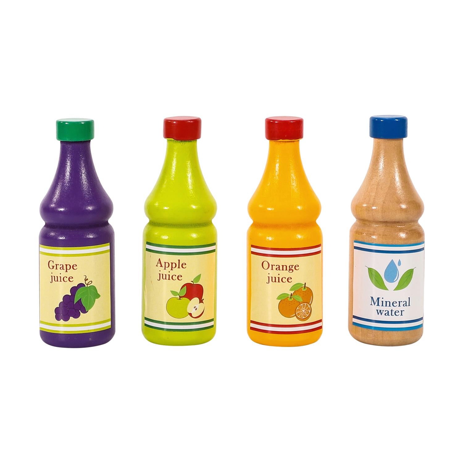 Wooden beverage set from SOKA Play Imagine Learn featuring 4 colorful drink bottles for kids' kitchen pretend play.