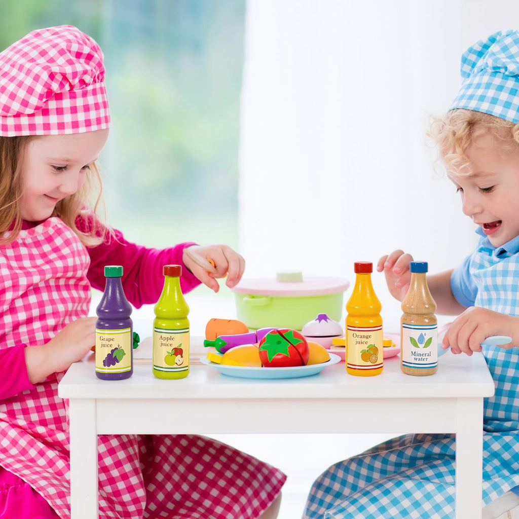 Wooden beverage set with 4 colorful drink bottles for kitchen pretend play by SOKA Play Imagine Learn.