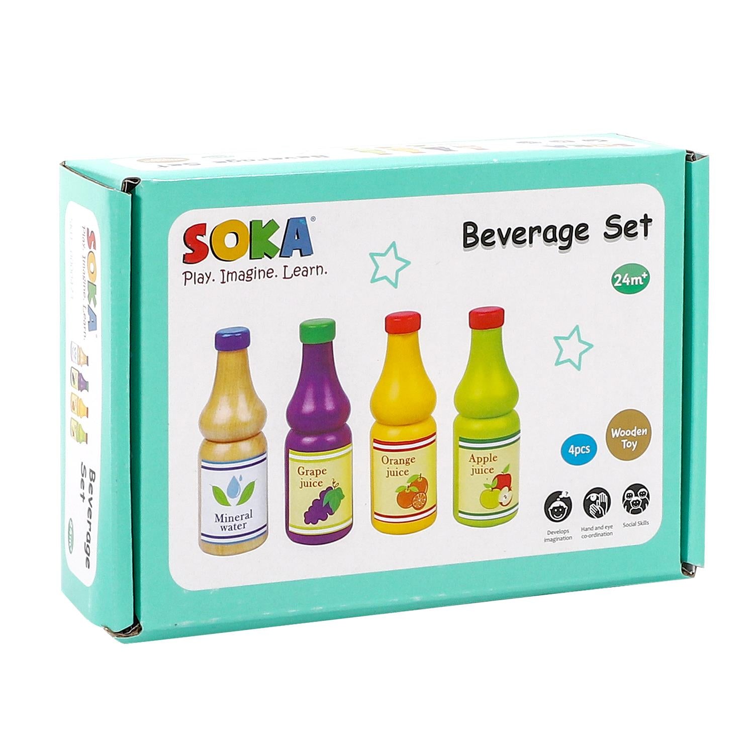 Wooden beverage set by SOKA Play Imagine Learn featuring 4 colorful drink bottles for kitchen pretend play.