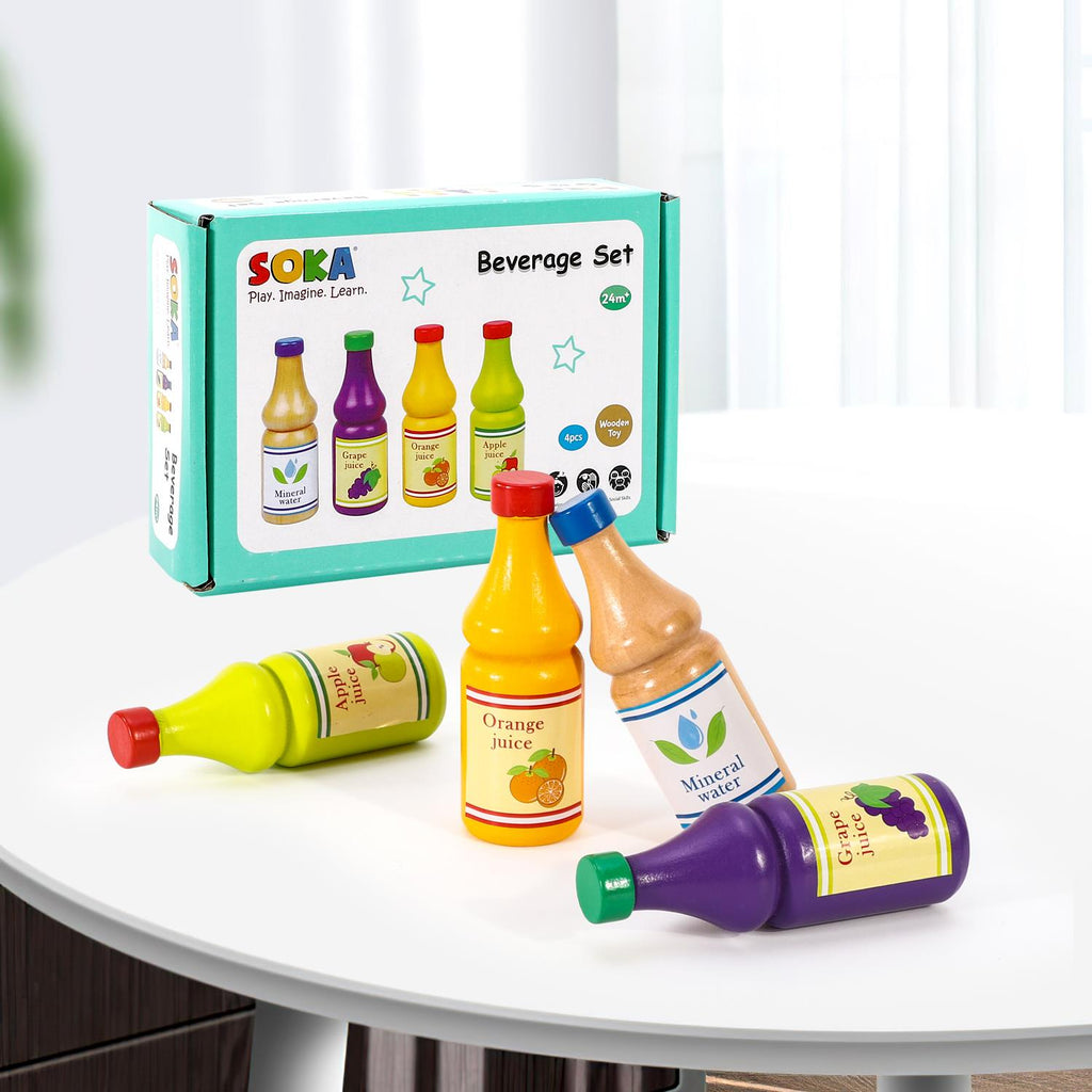Wooden beverage set featuring four drink bottles for kids' kitchen pretend play by SOKA Play Imagine Learn.