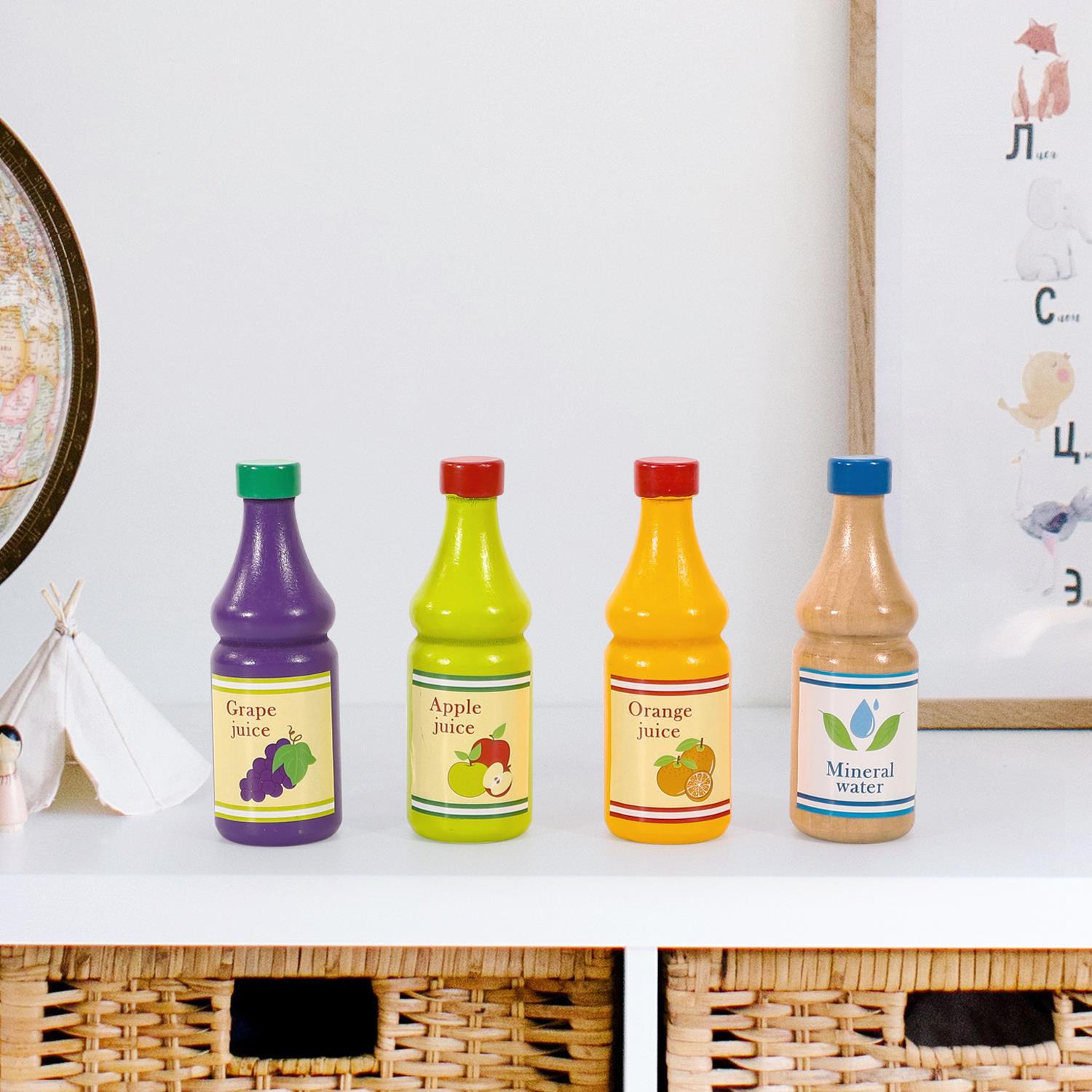 Wooden beverage set with four colorful drink bottles for kitchen pretend play by SOKA Play Imagine Learn.