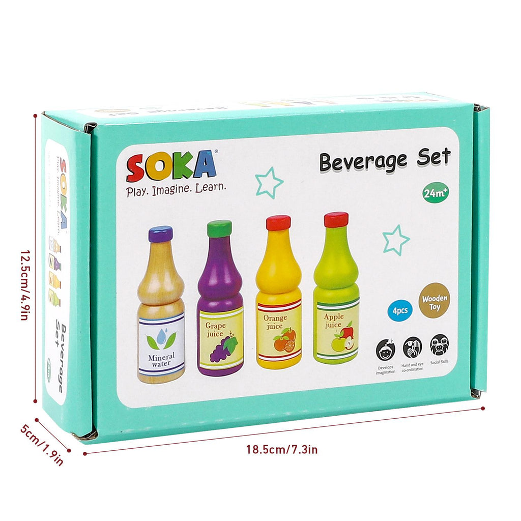 Wooden beverage set with four colorful drink bottles for kitchen pretend play by SOKA Play Imagine Learn.