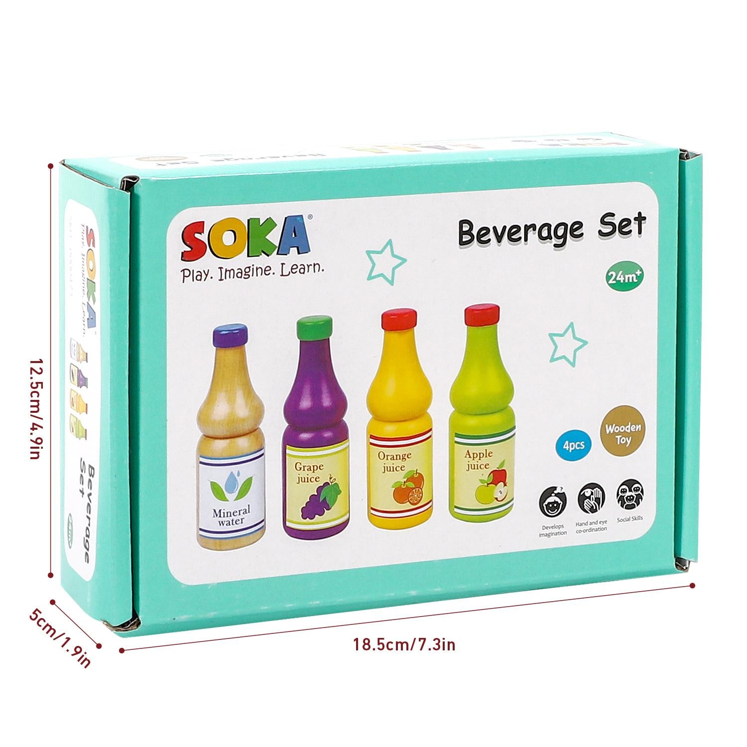 Wooden beverage set featuring 4 colorful drink bottles for pretend play from SOKA Play Imagine Learn.