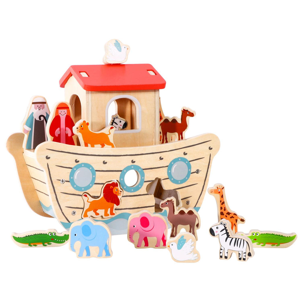 Wooden Noah's Ark playset with 15+ pieces, featuring colorful animals and a boat, designed for educational play by SOKA.