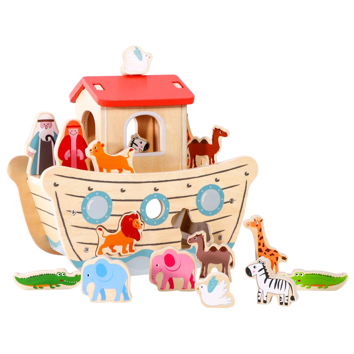 Wooden Noah's Ark playset with 15+ pieces, featuring colorful animals and a boat, designed for educational play by SOKA.