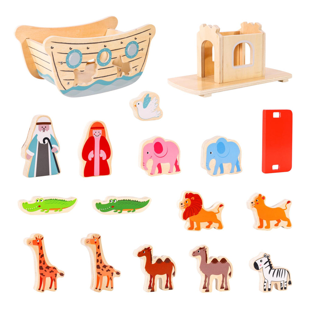 Wooden Noah's Ark playset by SOKA with 15+ pieces, featuring colorful animals and a charming ark, ideal for educational play.