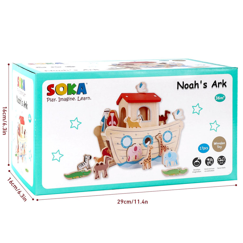 Wooden Noah's Ark playset by SOKA, featuring 15+ pieces for educational play, suitable for ages 3 and up.