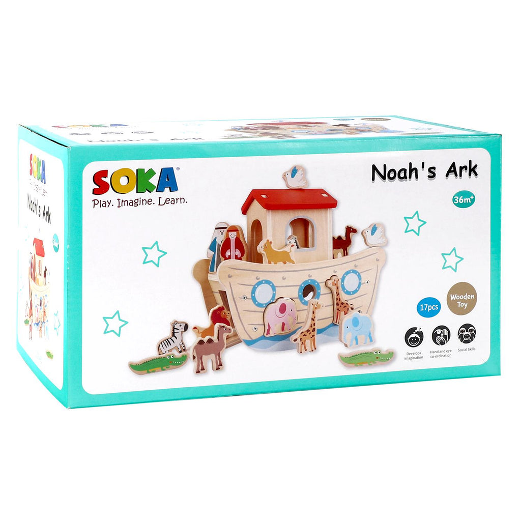Wooden Noah's Ark playset by SOKA, featuring 15+ pieces for educational fun, suitable for children ages 3 and up.