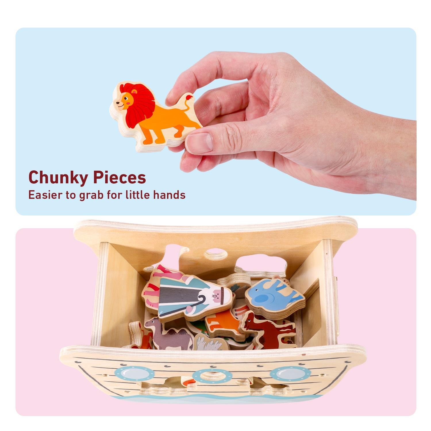 Colorful wooden Noah's Ark playset with over 15 pieces, featuring animals and figures for educational play by SOKA.