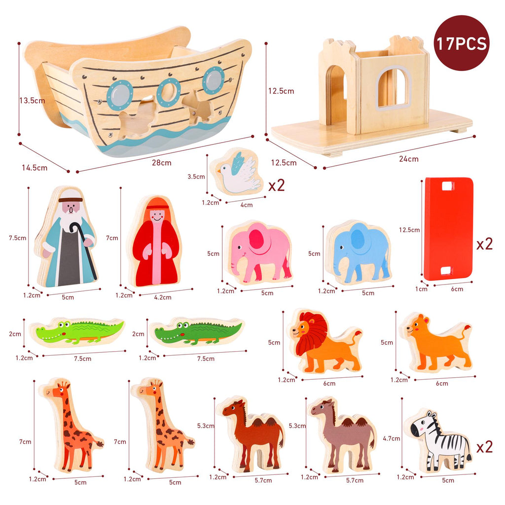 Wooden Noah's Ark playset by SOKA with 15+ pieces, designed for educational play for children ages 3 and up.