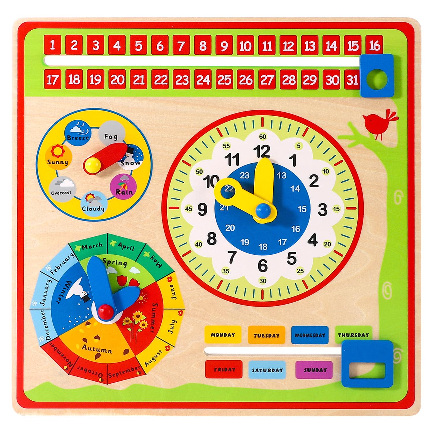 Wooden calendar with 5 interactive dials, perfect educational learning toy by SOKA Play Imagine Learn.