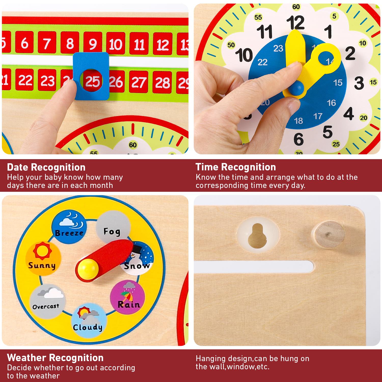 Wooden calendar toy by SOKA featuring 5 interactive dials for educational play and learning activities.