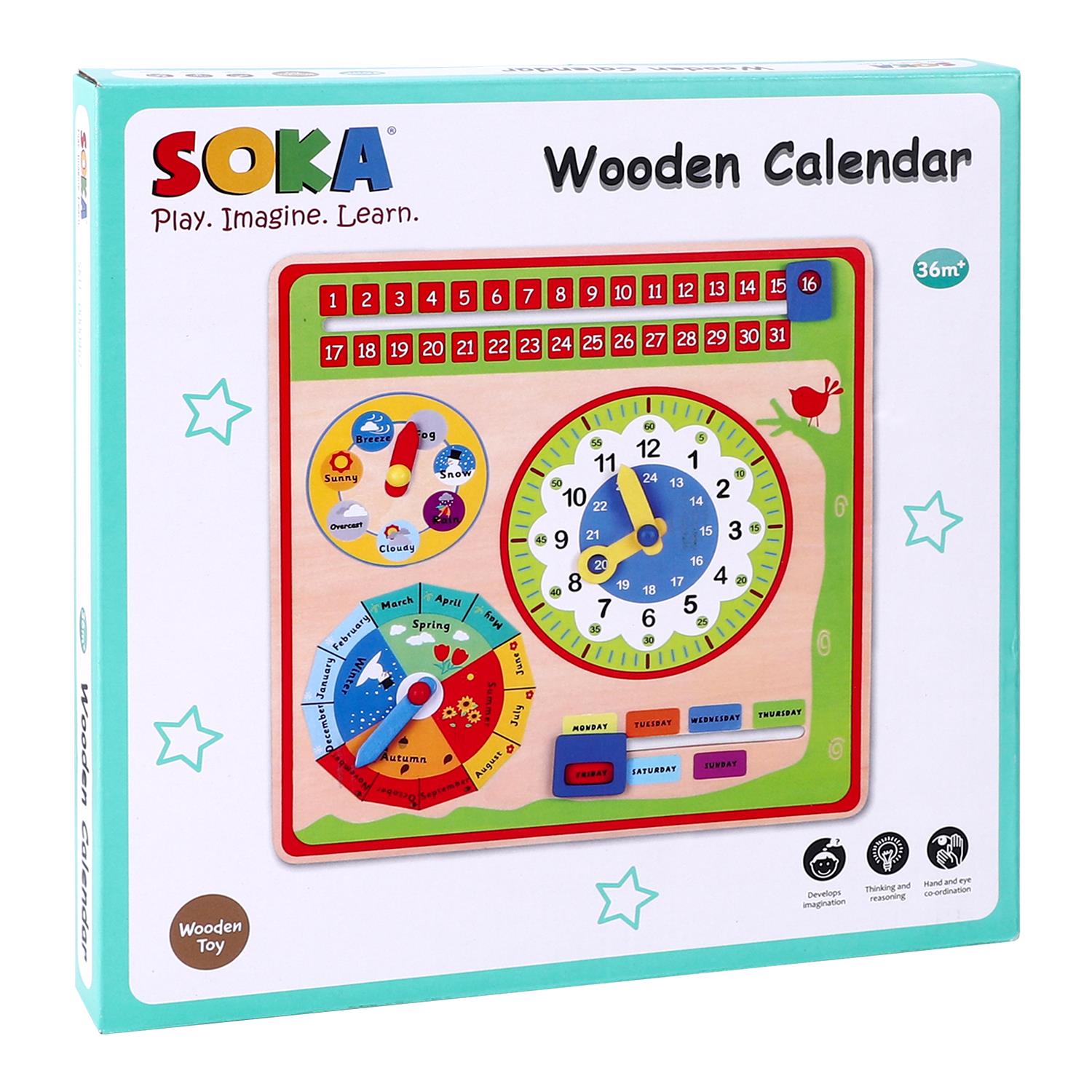 Wooden calendar toy by SOKA with 5 interactive dials for educational learning and fun activities.