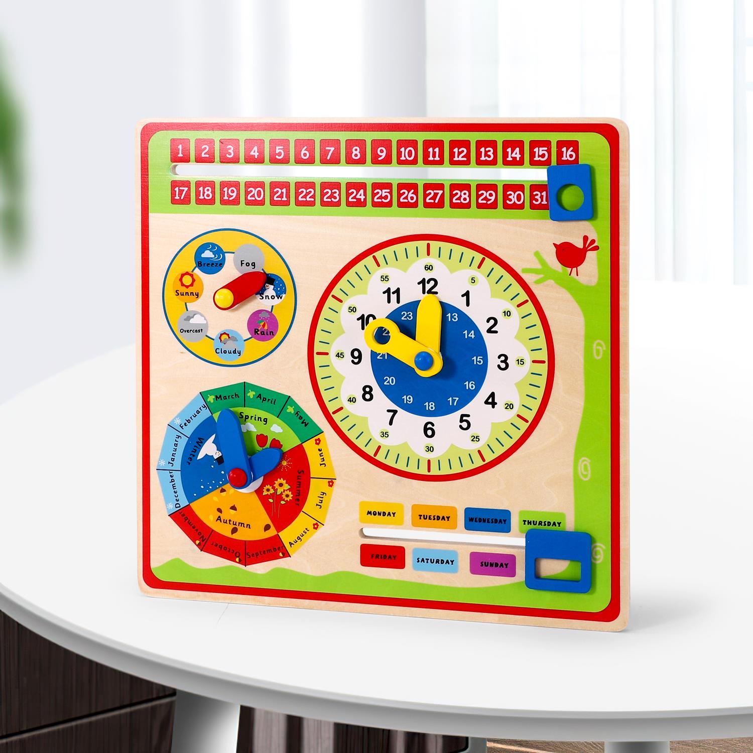 Wooden calendar with 5 interactive dials by SOKA, designed as an educational learning toy for children.
