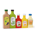 Wooden sauce and oil bottles set for educational pretend play by SOKA, showcasing vibrant colors and fun designs.