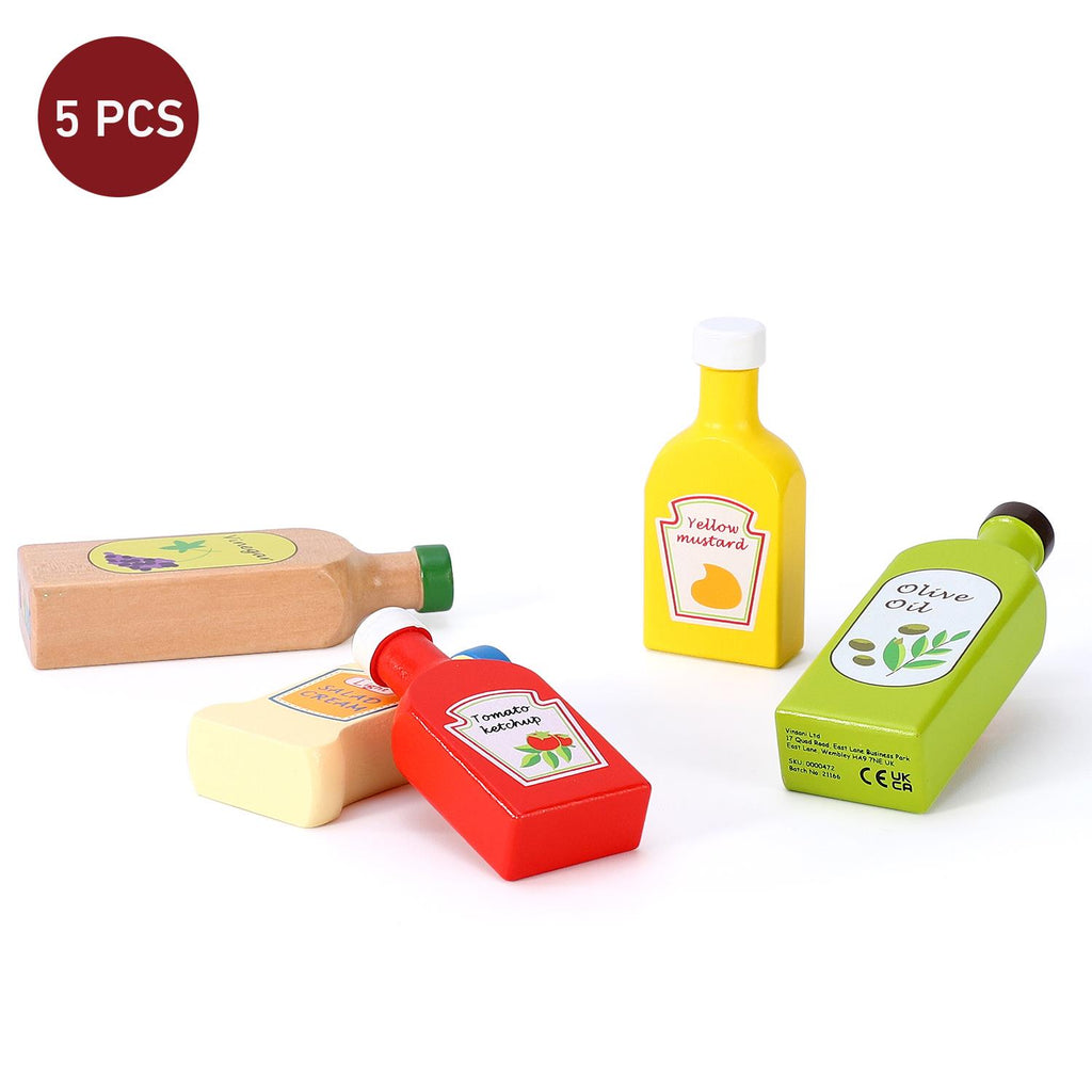 Wooden bottles in a Sauces and Oils Set for educational pretend play by SOKA Play Imagine Learn.