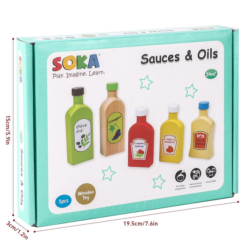 Wooden sauces and oils set featuring 5 bottles for educational pretend play by SOKA Play Imagine Learn.