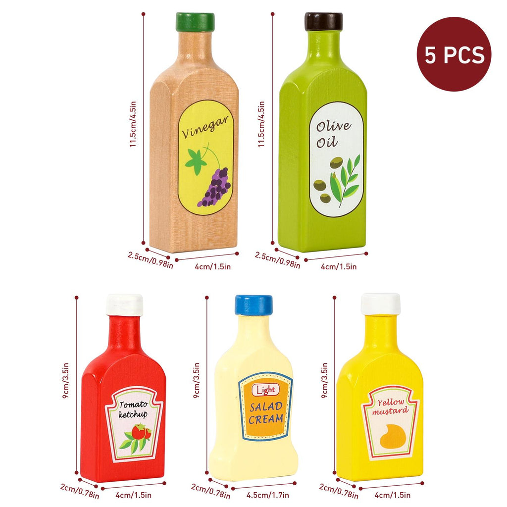 Wooden sauce and oil bottles set from SOKA Play Imagine Learn for educational pretend play activities.
