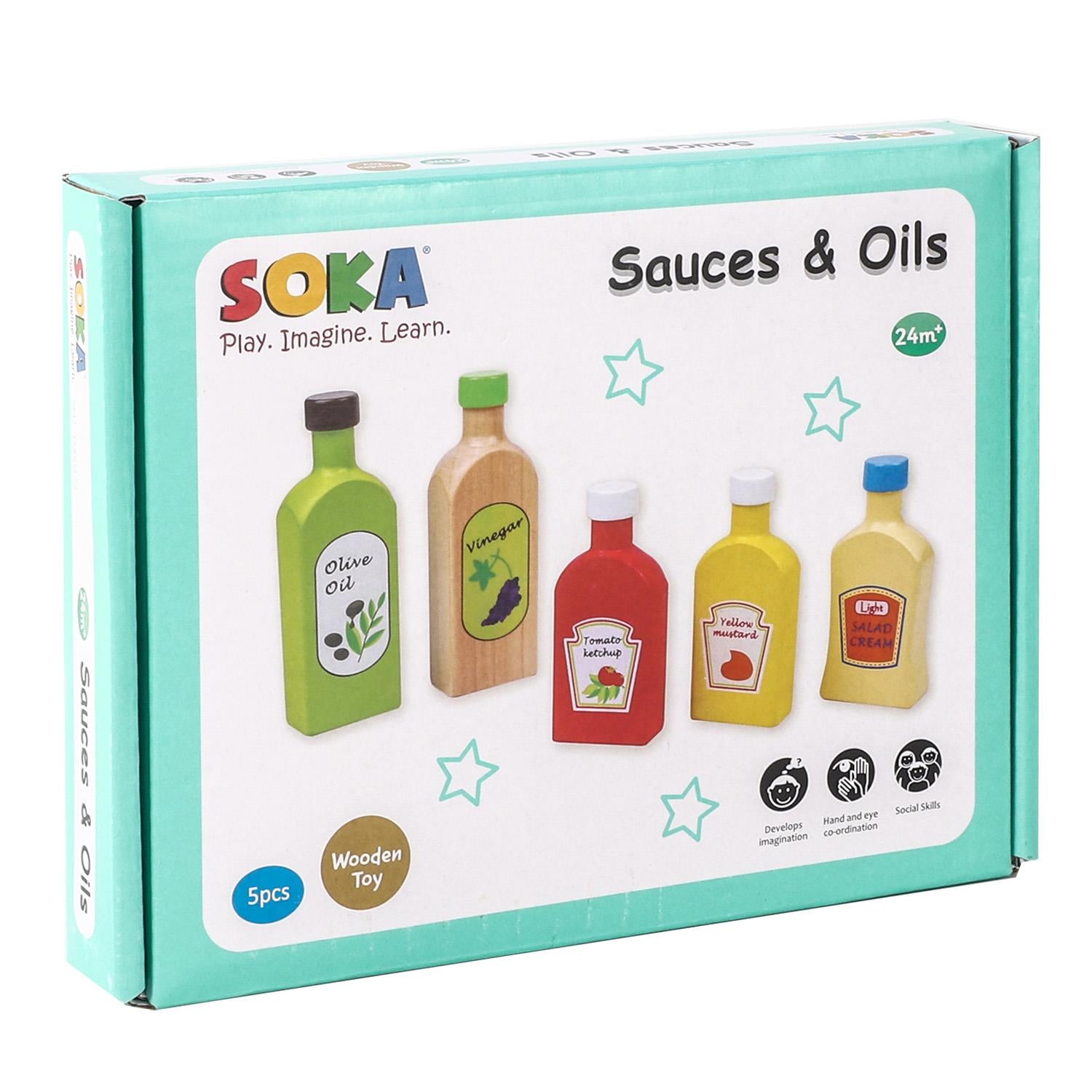 Wooden sauce and oil bottles from SOKA Play Imagine Learn in a colorful educational pretend play set.