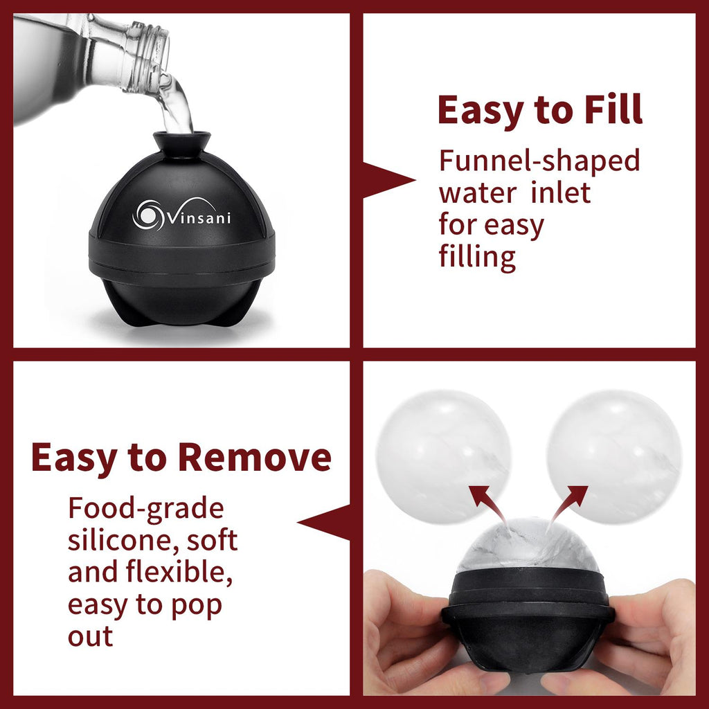 Vinsani ice ball moulds in food-grade silicone, creating 6cm spherical ice for slow melting drinks, two-pack set.