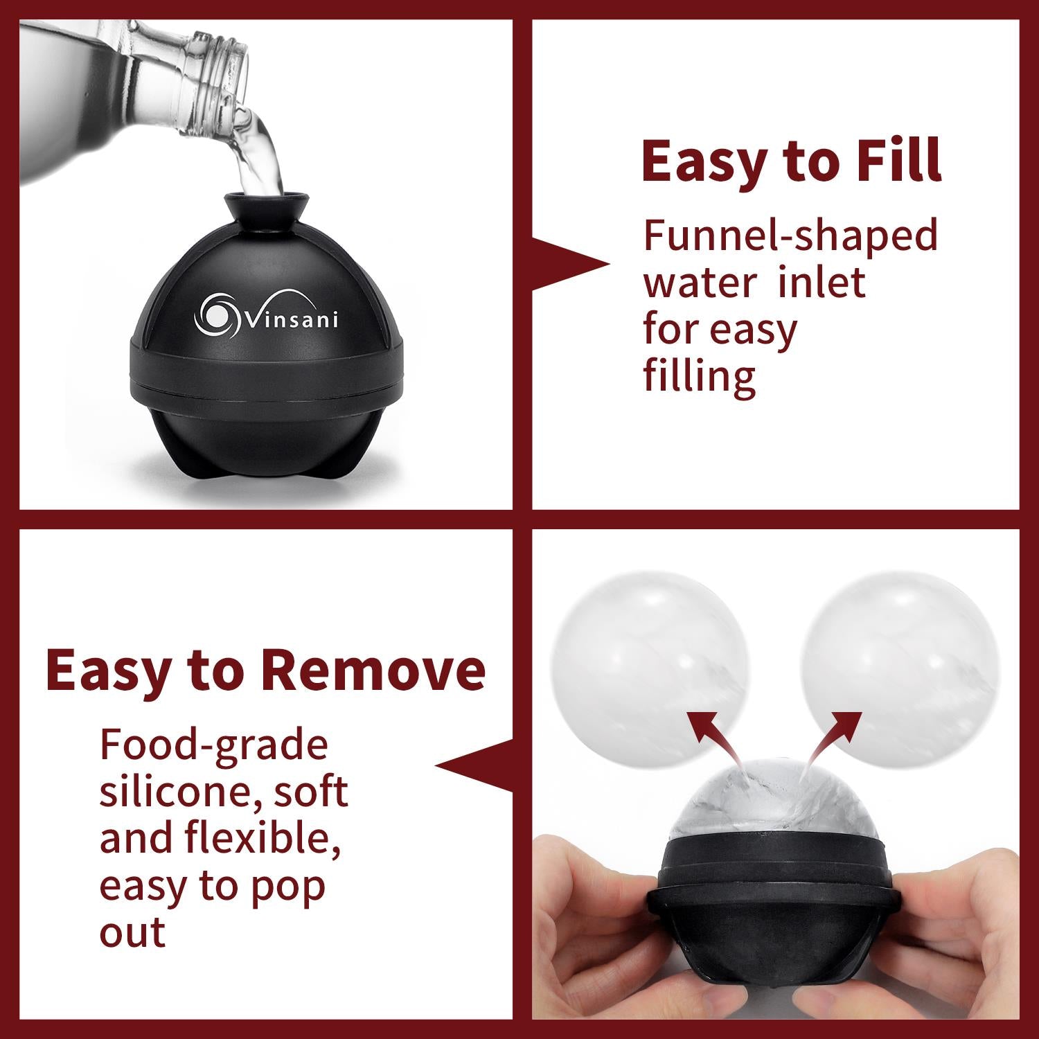 Vinsani ice ball moulds in food-grade silicone, creating 6cm spherical ice for slow melting drinks, two-pack set.